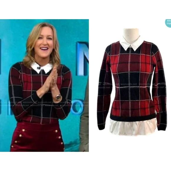 Layered Red Plaid Sweater Tahari Red Tartan w/White satin M - Picture 2 of 8